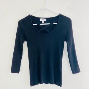 Carmen Marc Valvo Black Stretchy Knit Ribbed Long Sleeve Top Large